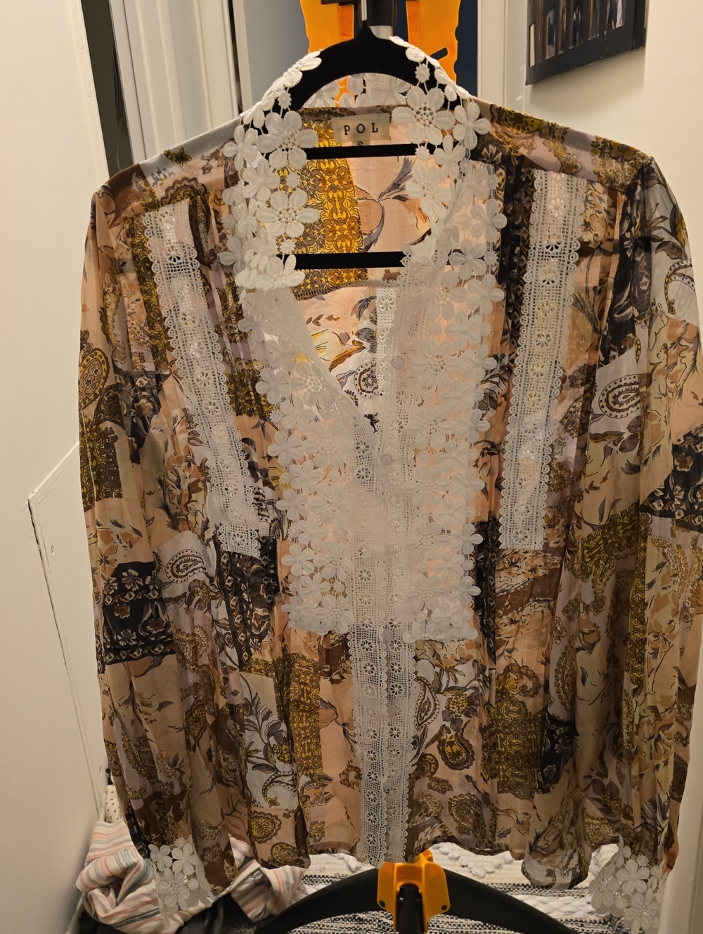 NWOT POL Sheer Paisley Blouse with White Lace Appliqué
